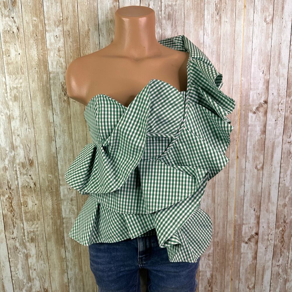 LUXE by STYLEKEEPERS Womens Size M One Shoulder green Gingham Top - Picture 2 of 7